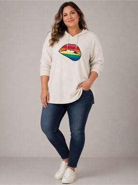 NWOT Torrid Rainbow Lips Oatmeal Raglan Hoodie Sz 2X